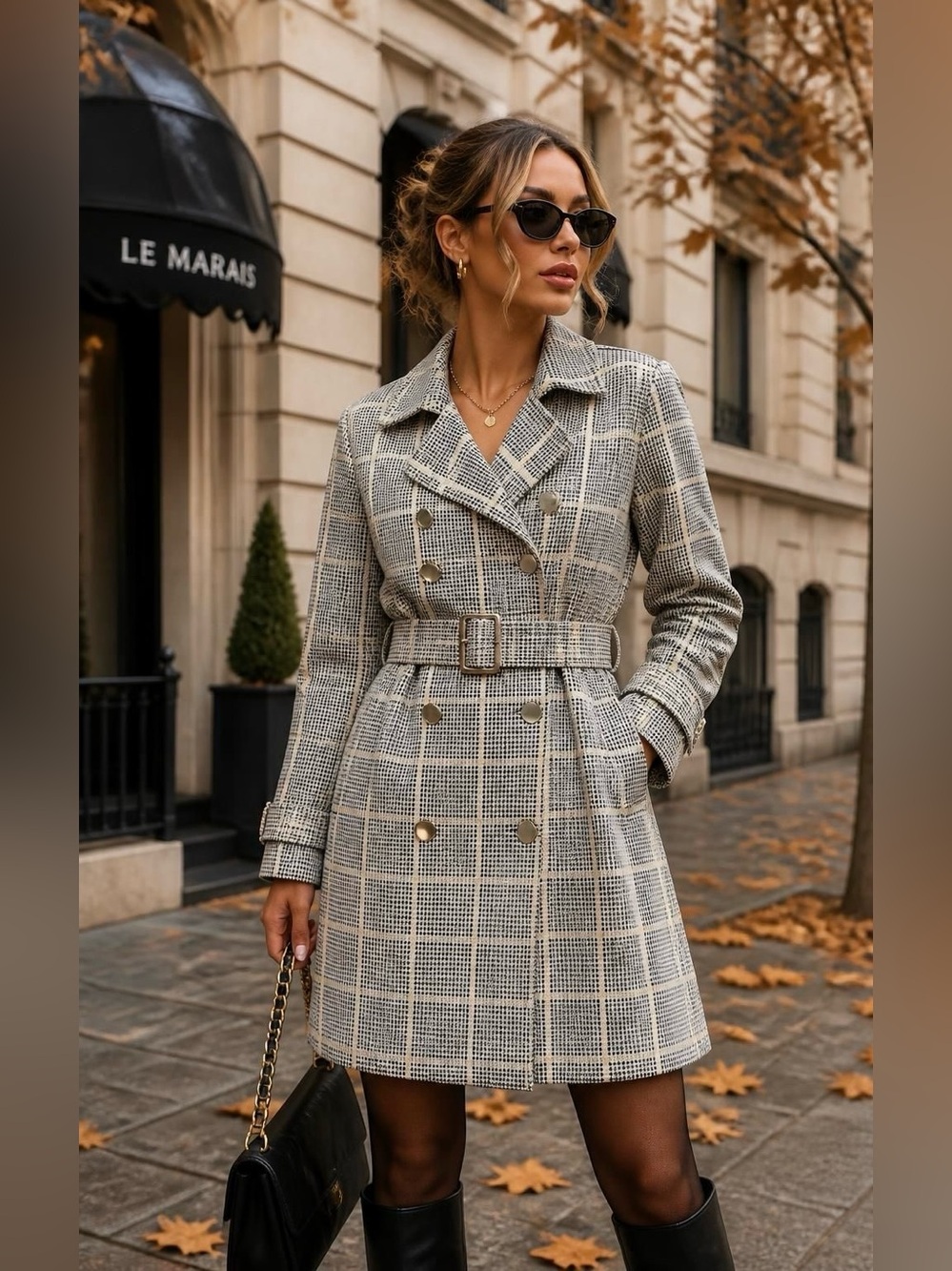Plaid Double-Breasted Belted Trench Coat  M